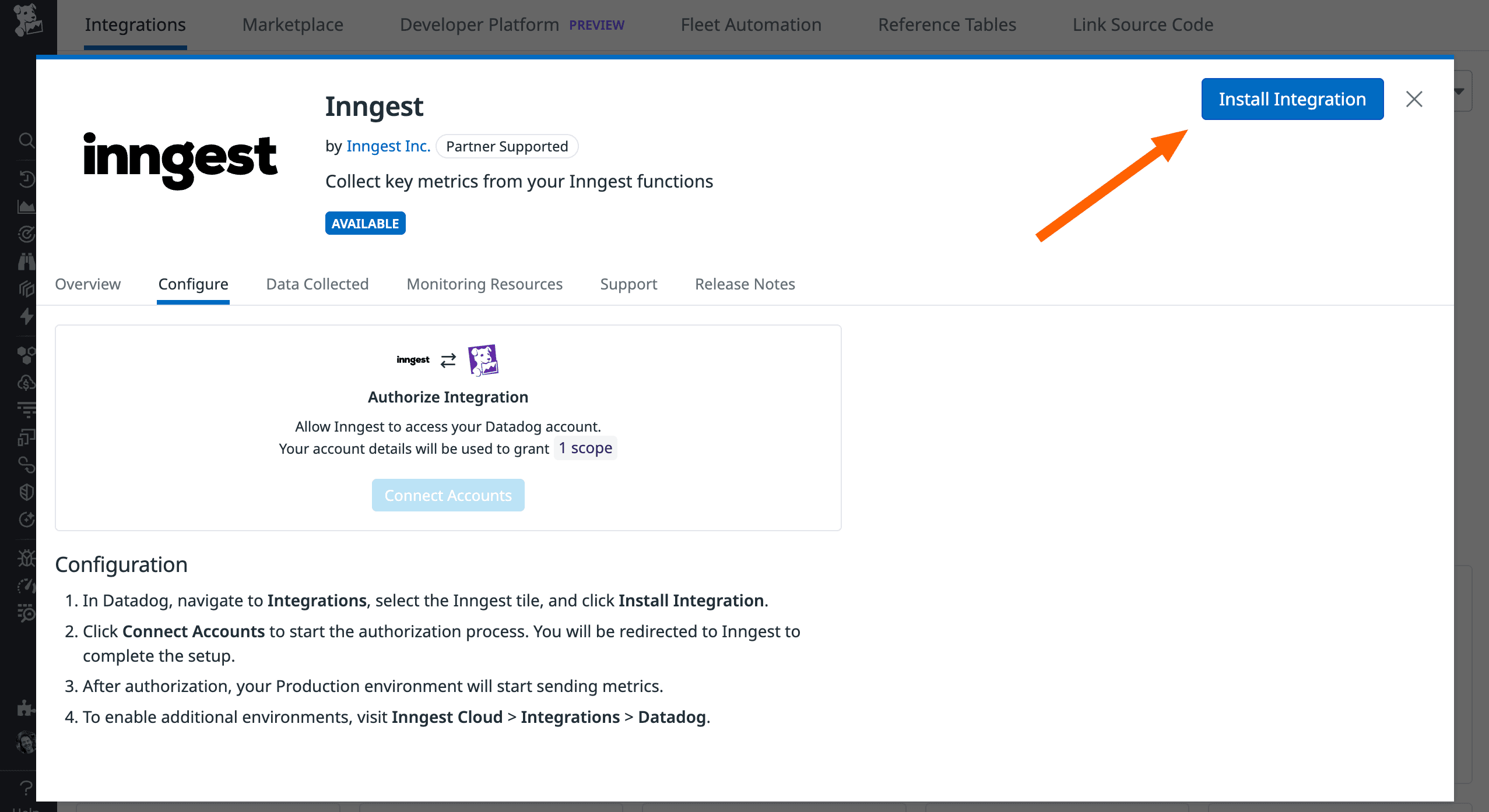 The Datadog integration's install page